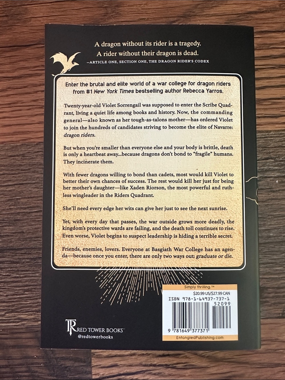Fourth Wing Paperback - Black & Gold Back Cover - Picture 2 of 3